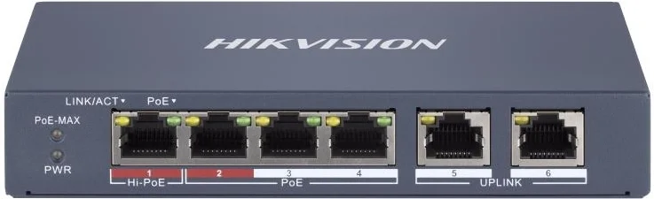 DS-3E1106HP-EI - Коммутатор, Hikvision, DS-3E1106HP-EI, Управляемый L2, 4 x 10/100 Mbps, РоЕ 802.3af/at/bt 60W, 2 x 10/100 Mbps RJ45, Настольный, Long Range Ports 1 to 4: up to 300 m.