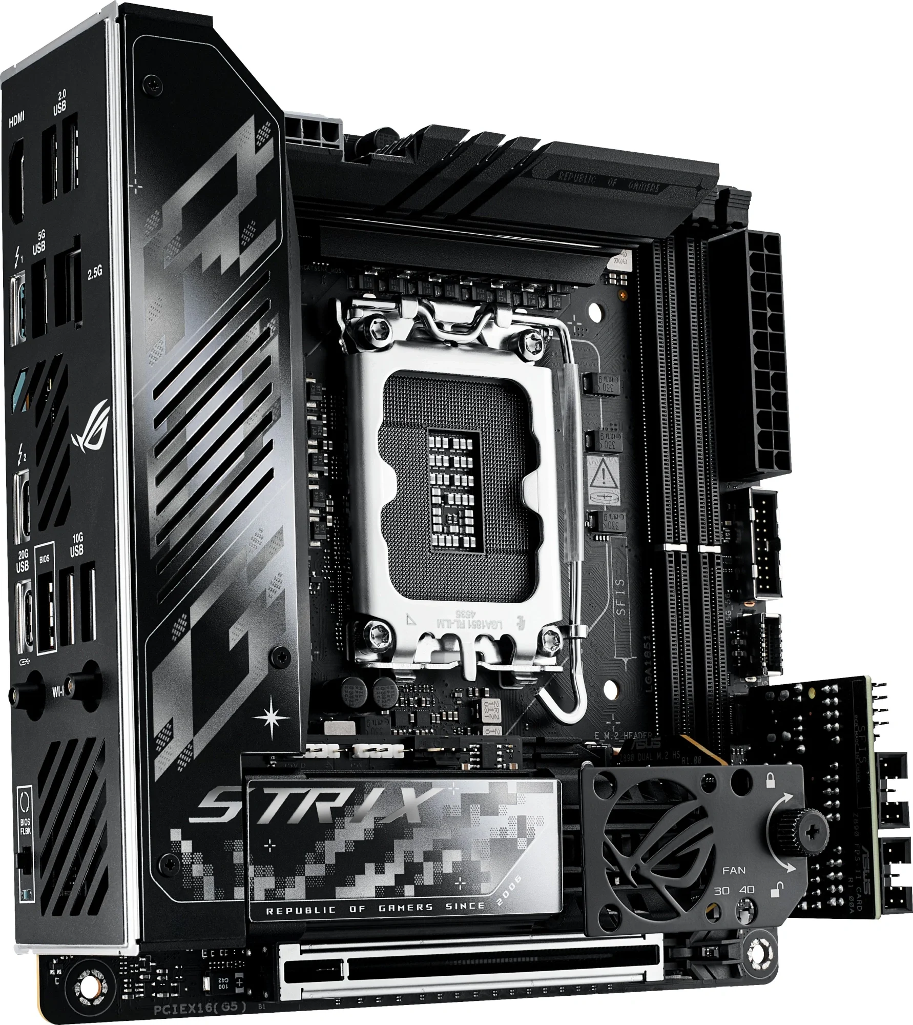 ASUS ROG STRIX Z890-I GAMING WIFI (Socket 1851, mini ITX, 2xDDR5(96GB), 1xPCIe 5.0x16, 1xLAN (2.5GbE), Wi-Fi, BT, 2xSATA 6Gb/s, 2xM.2, 2xThunderbolt 4 (USB-C), 1xType-C, 6xUSB 3.2)