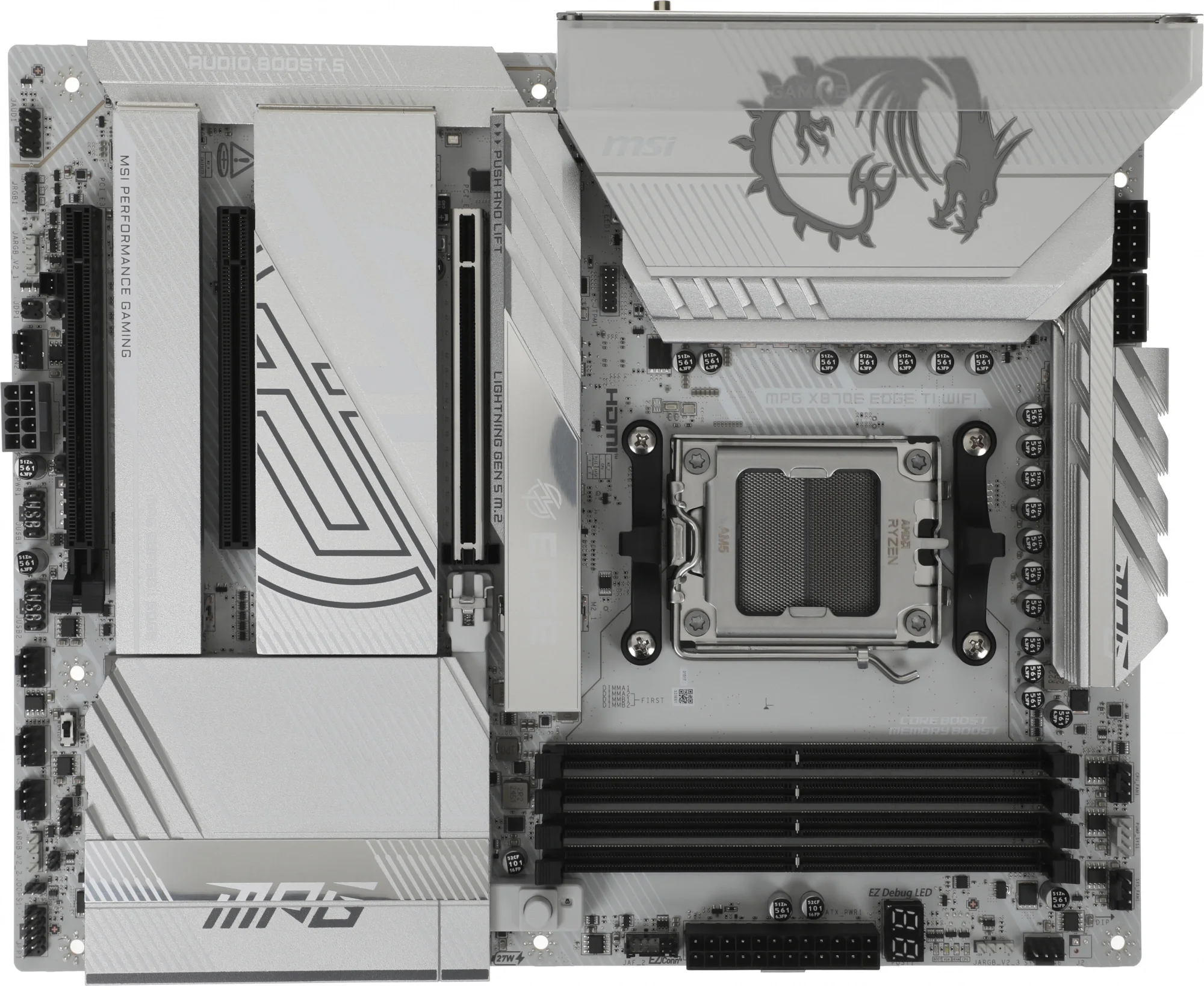 Материнская плата MSI MPG X870E EDGE TI WIFI, AM5, AMD X870E, 4xDDR5, 4xSATA, 4xM.2, 1xPCIe 5.0 x16, 1xPCIe 4.0 x4, 1xPCIe 3.0 x1, 1xHDMI (v2.1), 1xUSB-C 10Gbps, 1x5Gb LAN, Wi-Fi 7, Bluetooth 5.4, 2xUSB-C 40Gbps, 5xUSB-A 10Gbps, 4xUSB-A 2.0, 2x3.5 мм, S/PDIF, 7.1, ATX