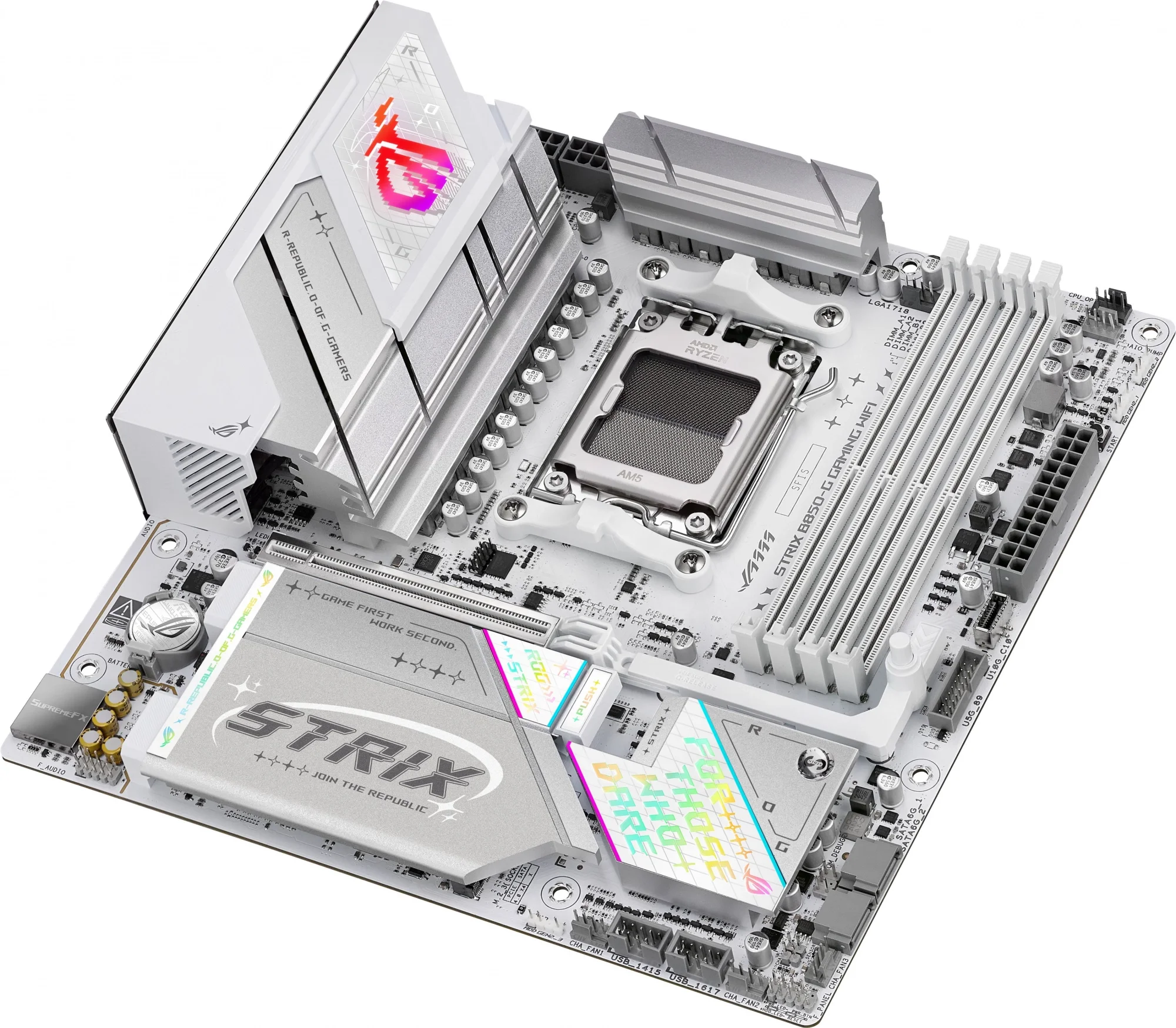 Материнская плата Asus ROG STRIX B850-G GAMING WIFI, AM5, AMD B850, 4xDDR5, 2xSATA, 4xM.2, 1xPCIe 5.0 x16, 1xHDMI, 1xDP, 1x2.5Gb LAN, Wi-Fi 7, Bluetooth 5.4, 1xUSB-C 20Gbps, 1xUSB-C 10Gbps, 2xUSB-A 10Gbps, 4xUSB-A 5Gbps, 2xUSB-A 2.0, 2x3.5 мм, 7.1, mATX