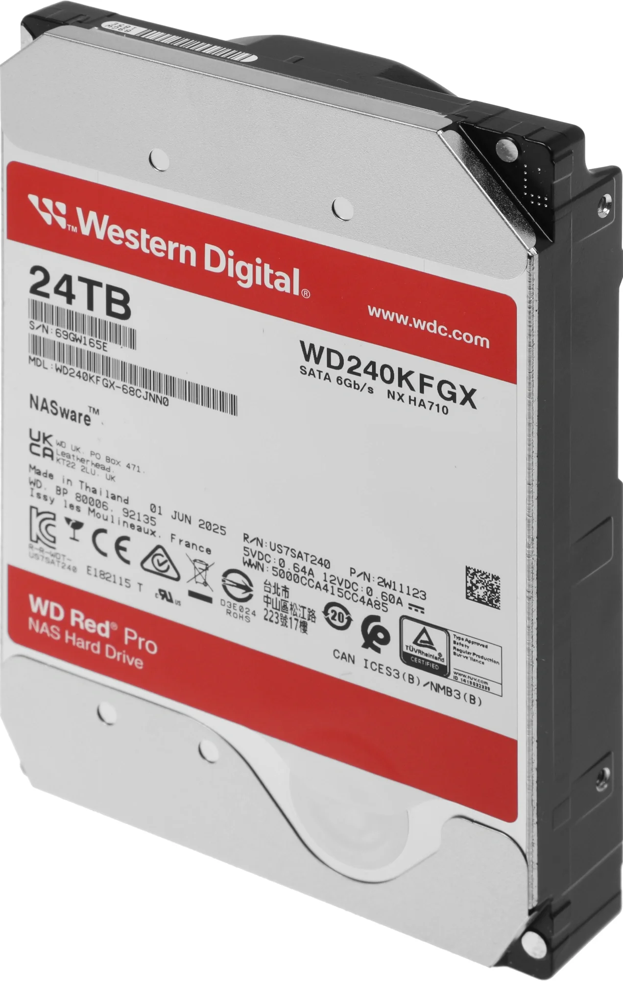 Диск HDD Western Digital - Red Pro, для системы хранения, SATA, 6 Гб/с, 3.5", 24 ТБ, 7200 rpm, 512MB, WD240KFGX