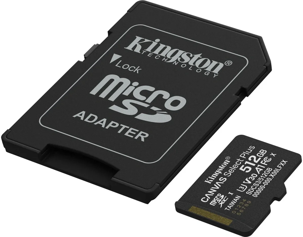 Карта памяти MicroSDXC_512 Gb Kingston SDCS3/512GB 150Mb/s Canvas Select Plus Gen3 A1 U3, с адаптером