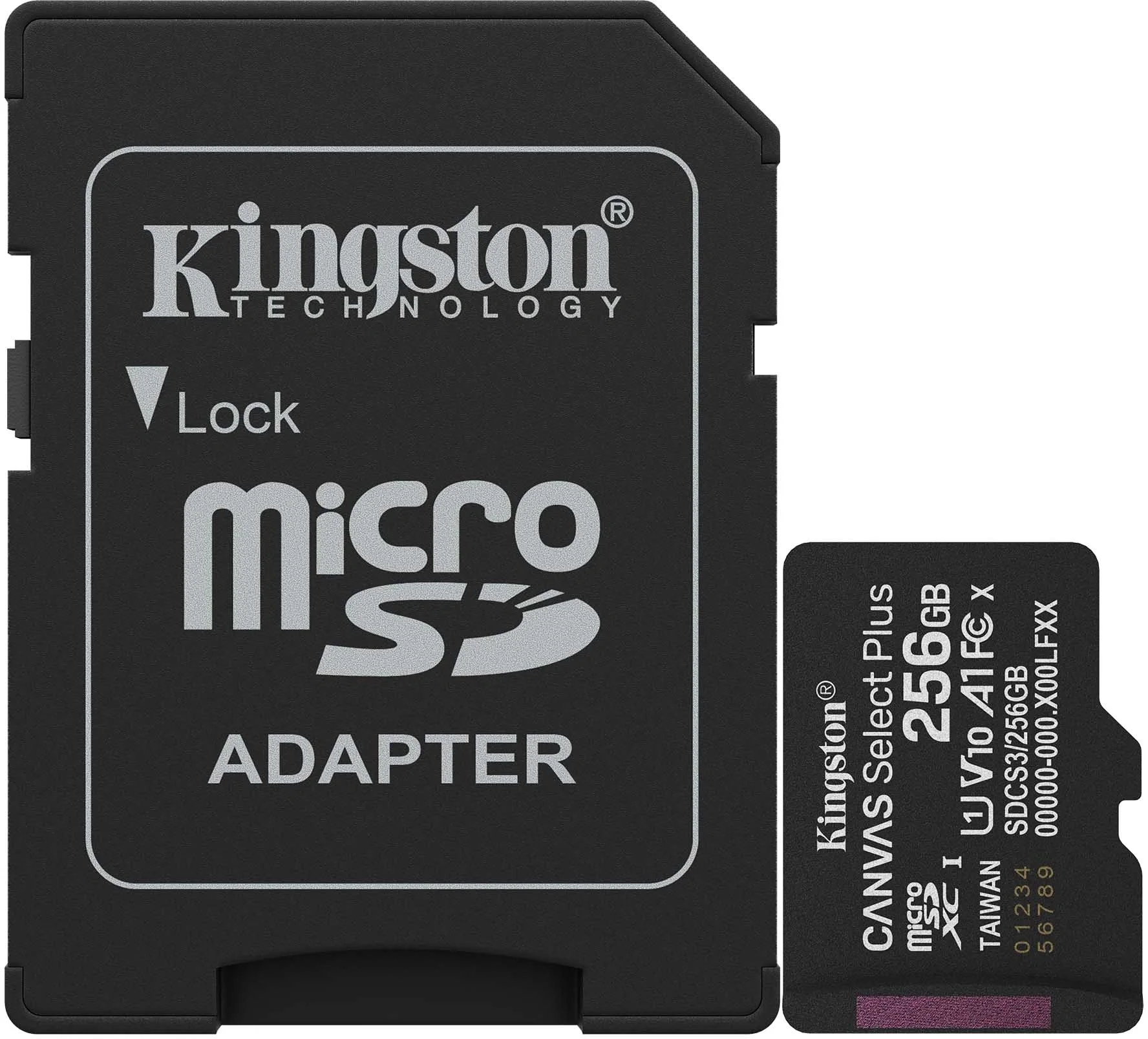 Карта памяти Kingston - Canvas Select Plus, microSDXC, read speed 150Mb/s, UHS-I Class 1, V10, Class 10, 256GB, microSD -> SD адаптер, SDCS3/256GB