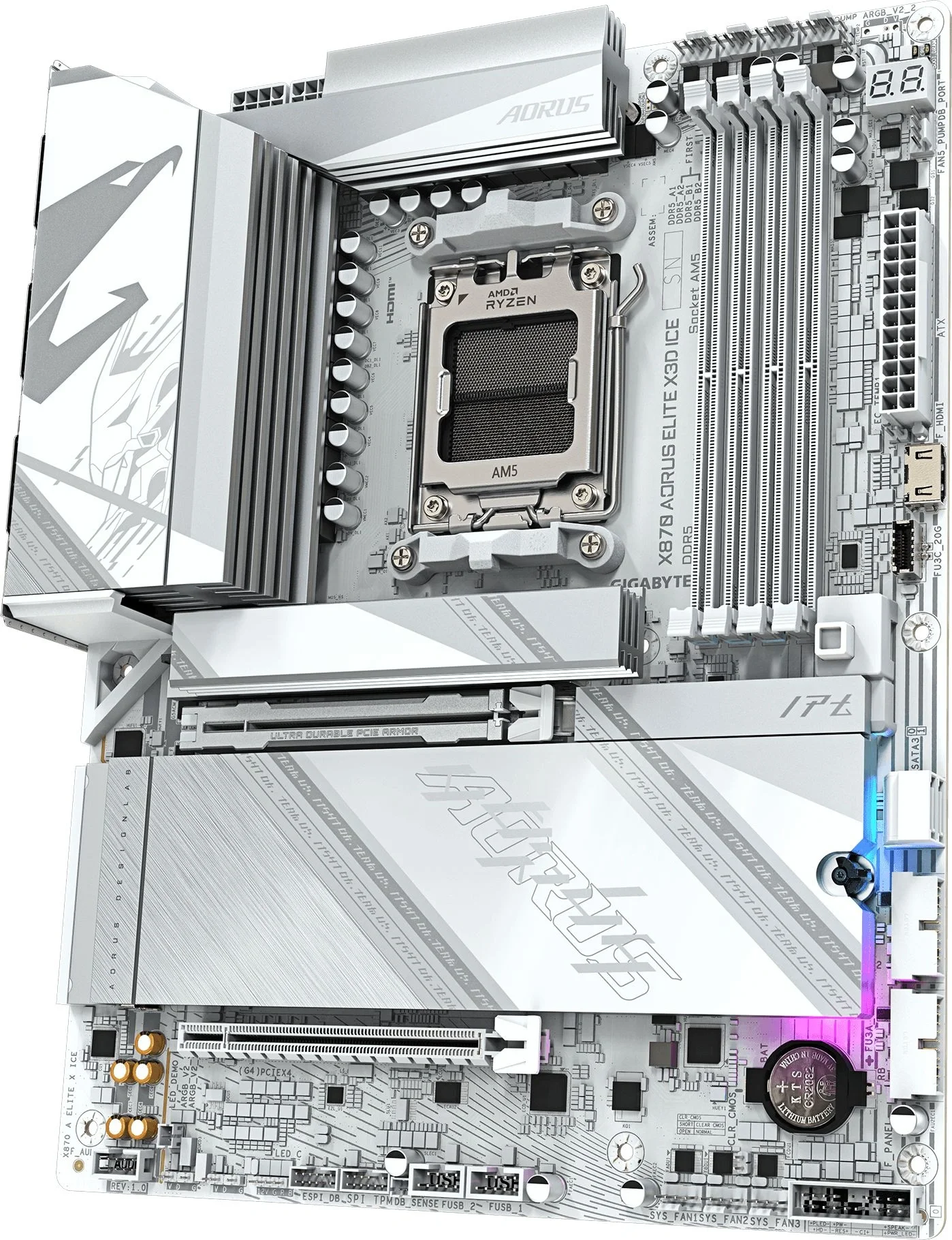 Материнская плата Gigabyte - X870 A ELITE X ICE, ATX, AMD X870, 1xAM5, 4xDDR5 до 256ГБ, 1x5GbE, audio, M.2, Wi-Fi, Bluetooth, HDMI, 2xSATA, 1xUSB2.0, 4xUSB3.1, 2xUSB3.2, 1xUSB3.2 Type C, X870 A ELITE X ICE