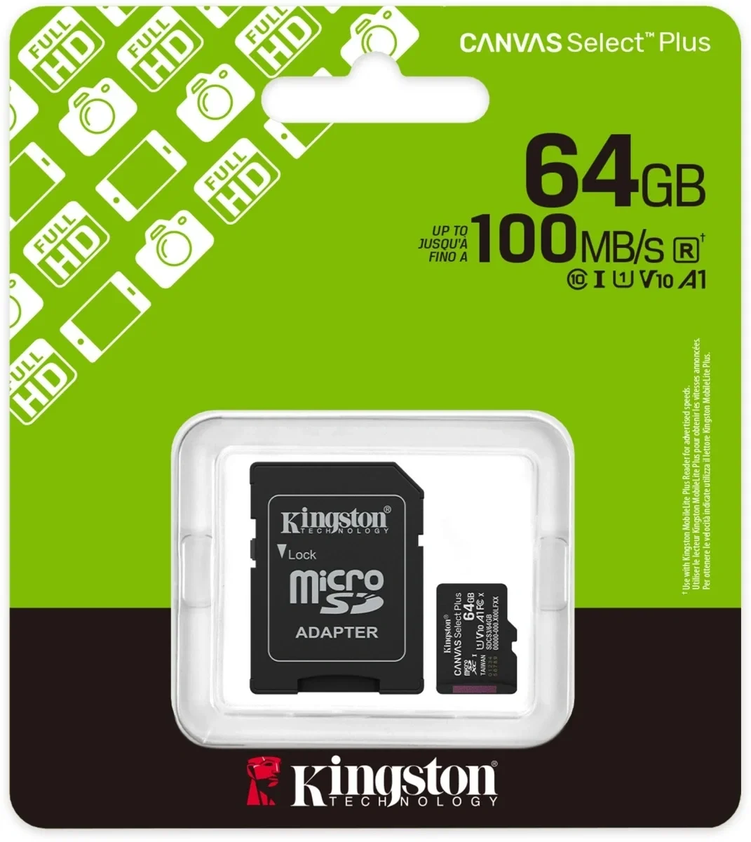 <119642> Карта памяти microSD .64Gb Kingston microSDXC Class 10 UHS-I U1 A1 V 10 Select Plus + SD адаптер 100MB/s [SDCS3/64GB]