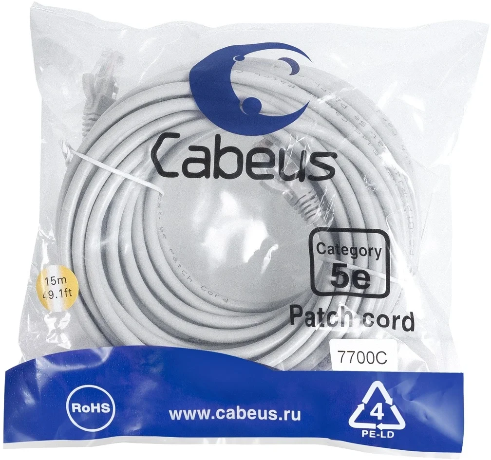 Cabeus PC-UTP-RJ45-Cat.5e-15m Патч-корд U/UTP, категория 5е, 2xRJ45/8p8c, неэкранированный, серый, PVC, 15м