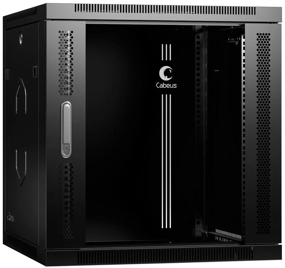 SH-05F-12U60/45-R-BK Шкаф телекоммуникационный настенный Cabeus SH-05F 19" 12U 635х600х450 мм (ВхШхГ) дверь: стекло боковая панель: сплошная съемная разборный цвет: чёрный (съёмная задняя панель)