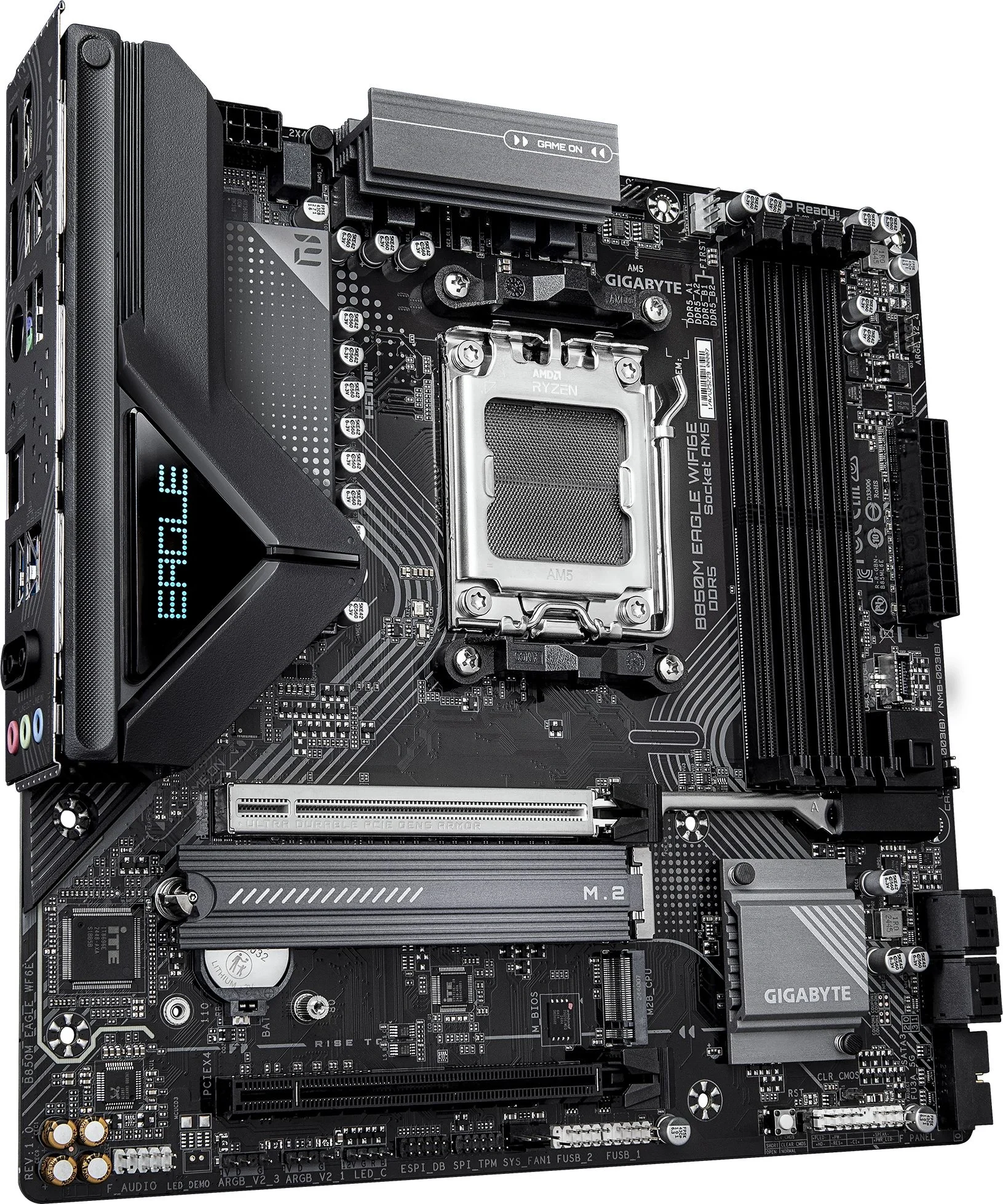 Материнская плата Gigabyte B850M EAGLE WIFI6E, AM5, AMD B850, 4xDDR5, 4xSATA, 2xM.2, 1xPCIe 5.0 x16, 1xPCIe 3.0 x16, 1xHDMI, 2xDP, 1x2.5Gb LAN, Wi-Fi 6E, Bluetooth 5.3, 1xUSB-C 10Gbps, 2xUSB-A 10Gbps, 2xUSB-A 5Gbps, 4xUSB-A 2.0, 1xPS/2, 3x3.5 мм, 7.1, mATX