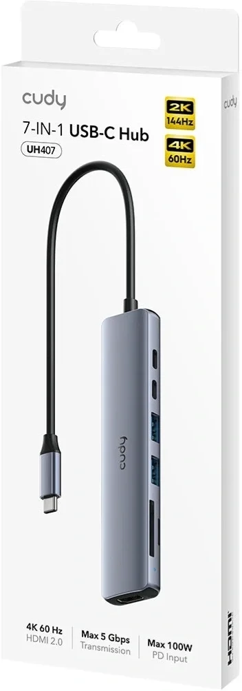 Концентратор CUDY  UH407  7-IN-1 USB C Hub with 4K HDMI 7-IN-1 USB Hub, Aluminium housing, 1 USB-C 3.0 5Gbps male connecter with 25cm cable, 1x 4K@60Hz HDMI Port, 1x 100W USB-C port for PD Charging, 2 USB-A 3.0 5Gbps Data Port, 1 USB-C 3.0 5Gbps Data Port, 1 x SD Card Slot,1 x TF(MicroSD) Card Slot, compatible