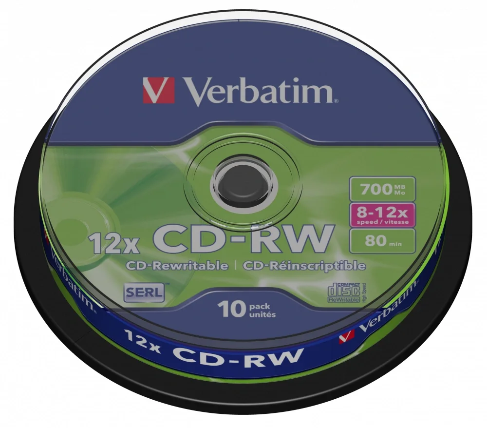 Диск Verbatim CD-RW, 700Mb, 10x, Cake Box, 10 шт, DataLife+ (43480)