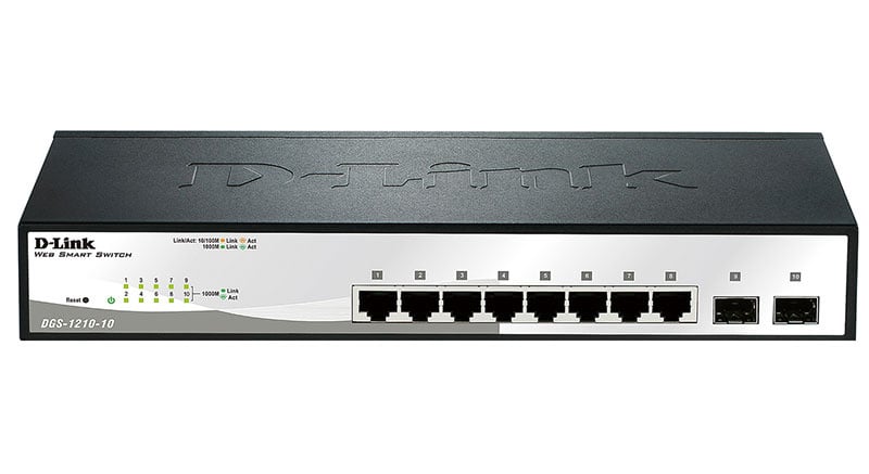 Коммутатор Настраиваемый (Smart) D-Link - DGS-1210-10, Layer 2, 8-1GbE, 2-SFP, ROM-32MB, RAM-128MB, SNMP, telnet, Web, в стойку, серый, DGS-1210-10/F1A