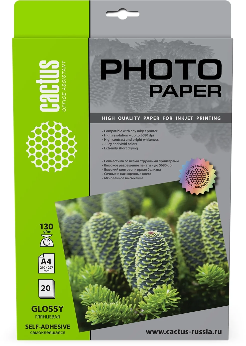 CACTUS CS-GSA413020/GA413020 Фотобумага Cactus CS-GSA413020 A4/130г/м2/20л. глянцевое самоклей. printable