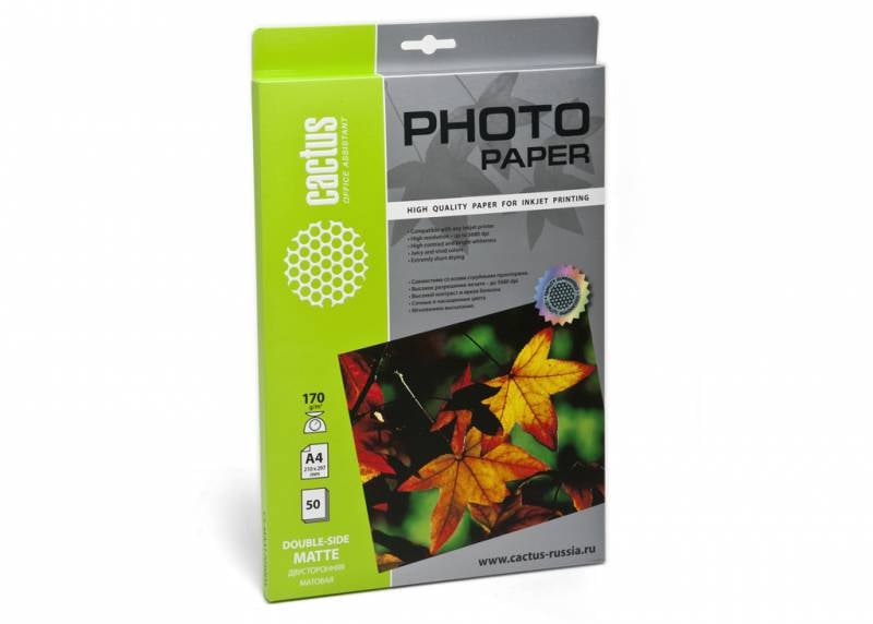 Упаковка бумаги CACTUS, A4, 50л, покрытие матовое двустороннее, 170г/м², Белый, CS-MA417050DS