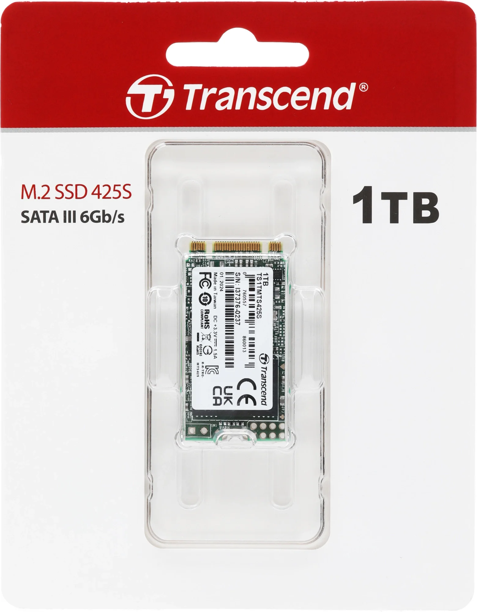 Твердотельный диск 1Tb Transcend 425S, M.2 2242, SATA, 3D TLC [R/W - 550/500 MB/s]