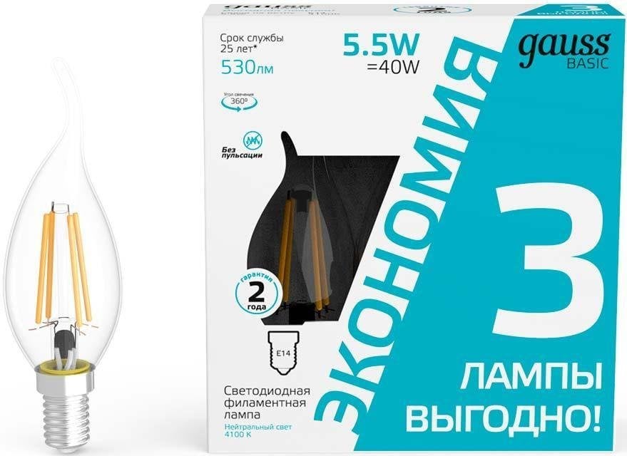 Лампа светодиодная Gauss Basic 1041126T 5.5Вт цок.: E14 свеча 240B 4100K св. свеч. белый. ней. (упак.: 3 шт)