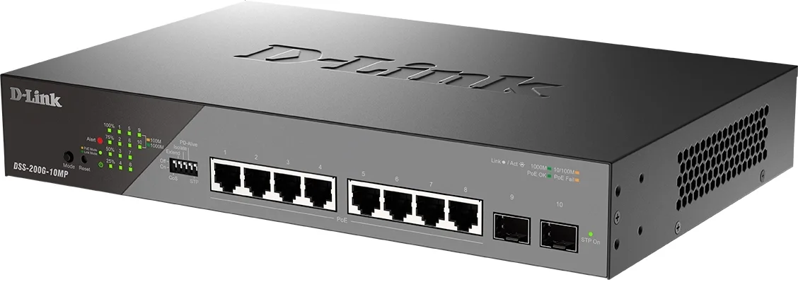 Коммутатор D-Link DSS-200G-10MP/A1A, L2, 8×1GbE PoE, 2×SFP, PoE-бюджет 130 Вт