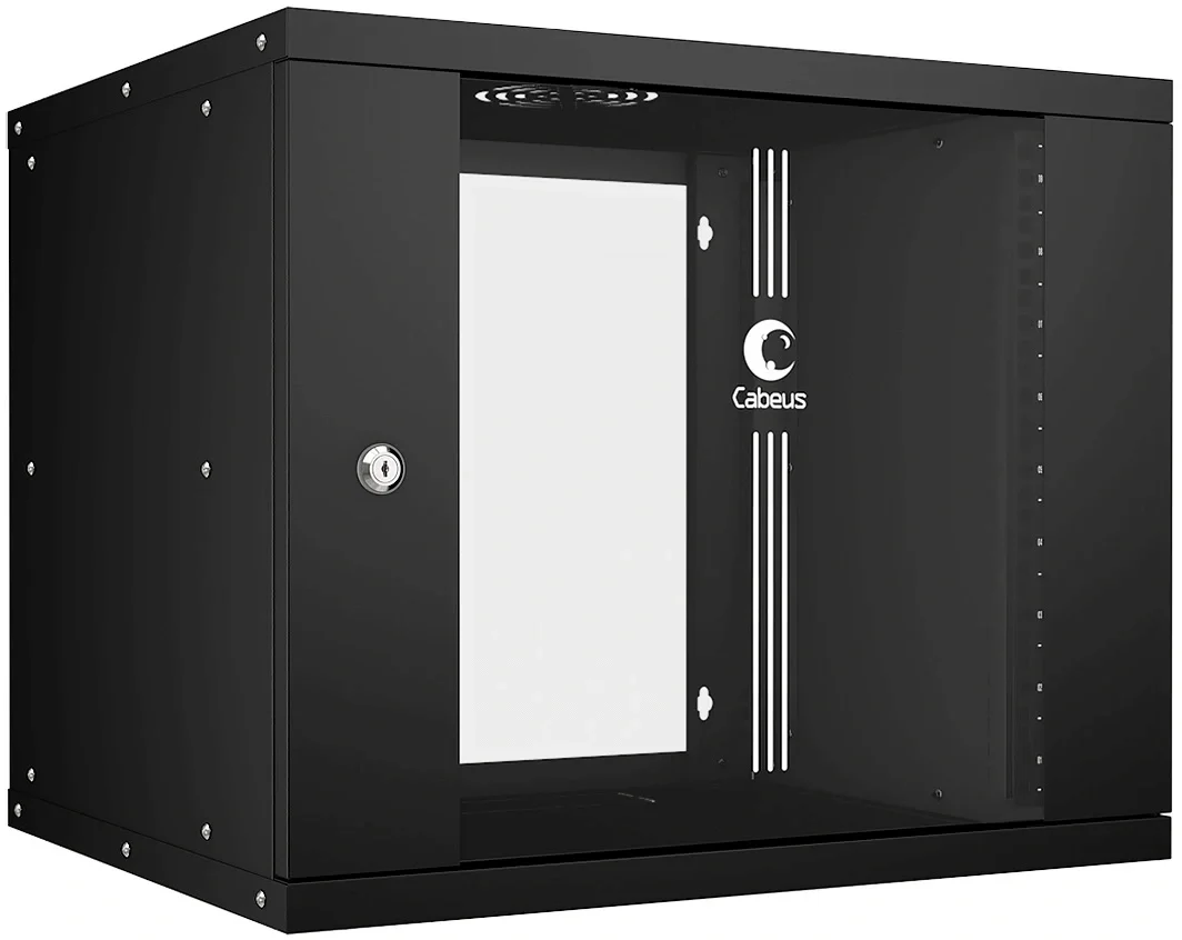 Настенный шкаф Cabeus - WSC-05D Light, 9U, глубина-450 мм, ширина-550 мм, стеклянная дверь, съемные стенки, max-30кг, полезная глубина-340мм, IP20, цвет чёрный, WSC-05D-9U55/45-BK