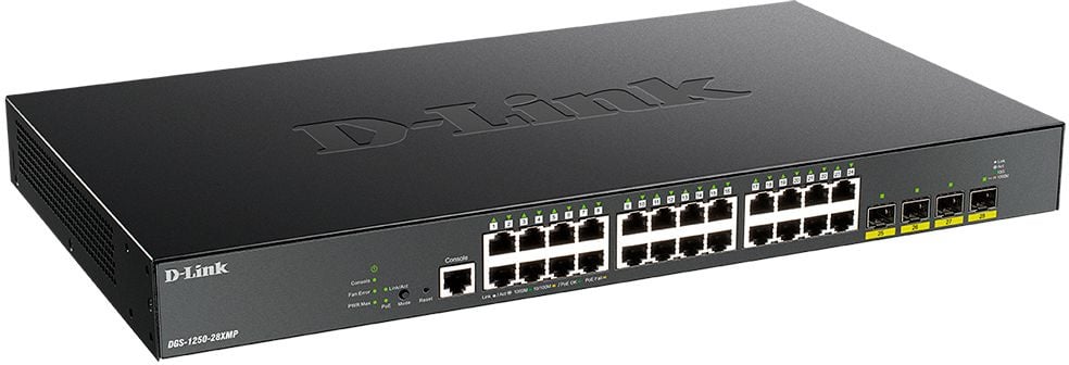 Коммутатор D-Link DGS-1250-28XMP/A1A, L2, 24×1GbE PoE, 4×10G SFP+, PoE 370W