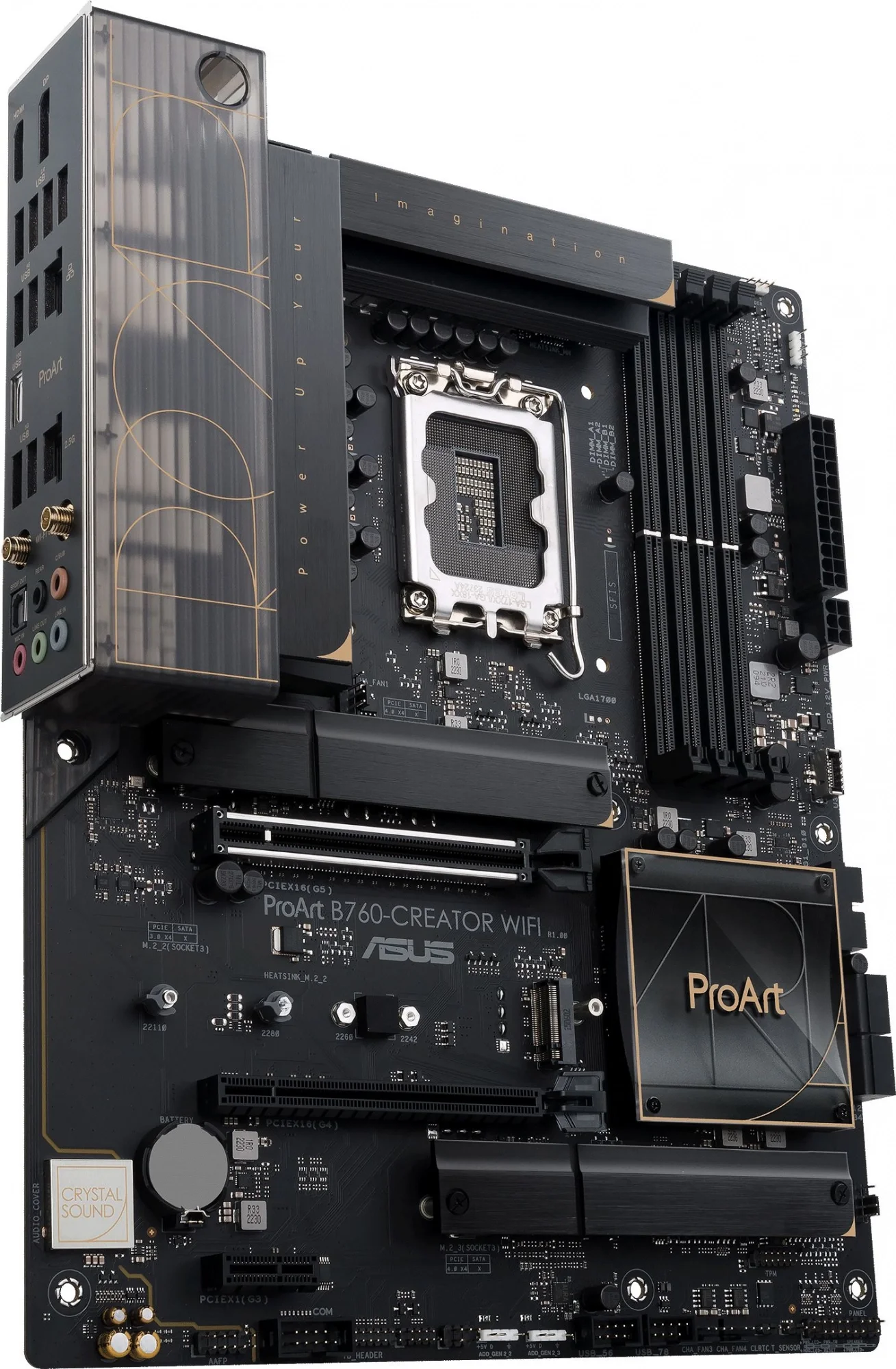 ASUS PROART B760-CREATOR WIFI (Socket 1700, mATX, 4xDDR5(192GB), DP/HDMI, 1xPCIe 5.0x16/1xPCIe 4.0x16/1xPCIe 3.0, 1xLAN+1xLAN (2.5GbE), Wi-Fi, BT, 4xSATA 6Gb/s, 3xM.2, 1xType-C, 4xUSB 3.2, 4xUSB 2.0)