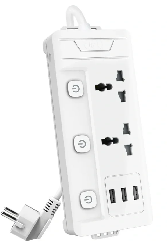 Сетевой фильтр Deli ET409, 2 розетки + 3 USB, 2 м