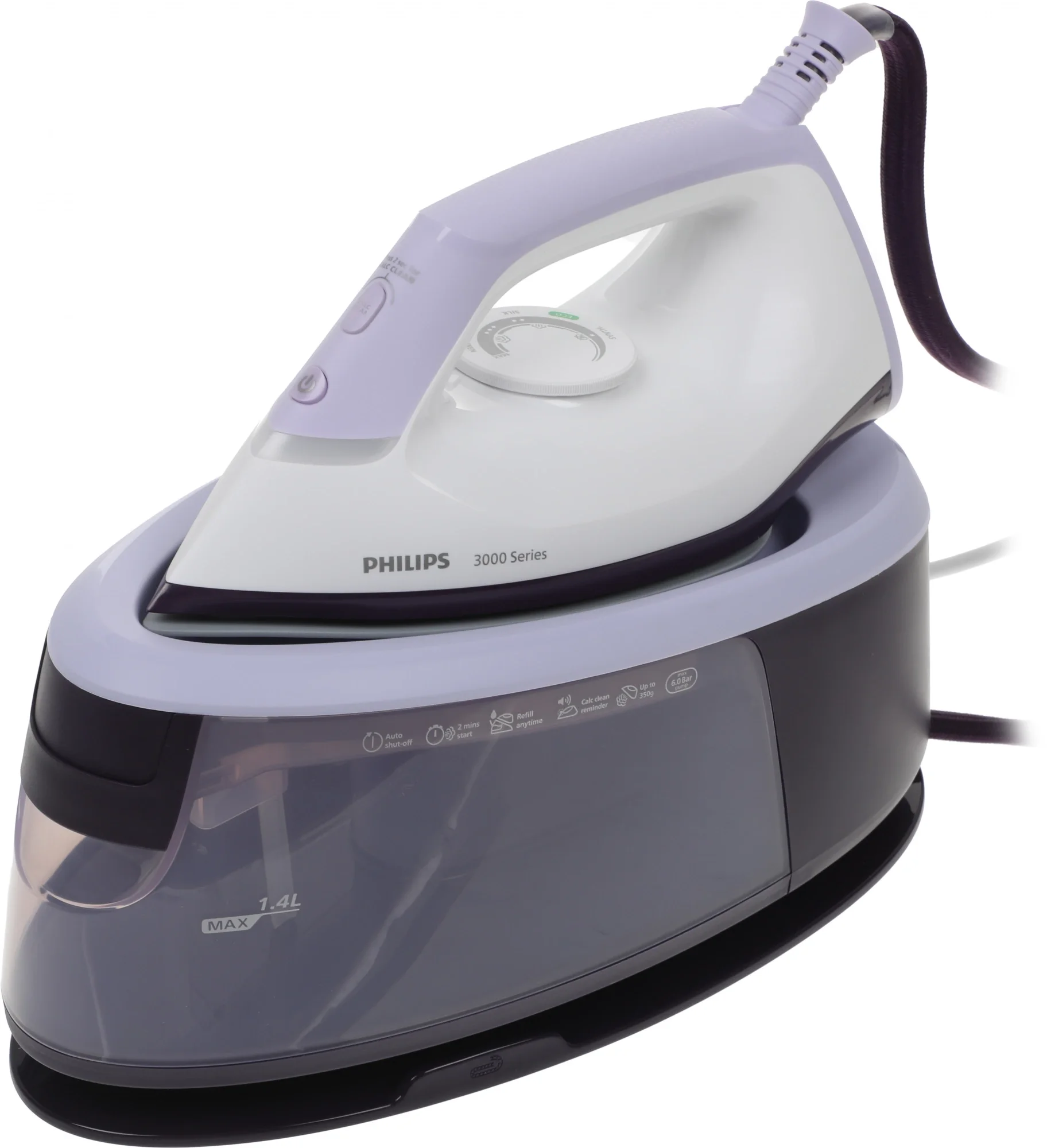 Парогенератор Philips/ Парогенератор Philips, мощность 2400 Вт, объем 1.4 л , подача пара 120 г/мин, паровой удар 350 г/мин, вертикальное отпаривание, цвет фиолетовый
