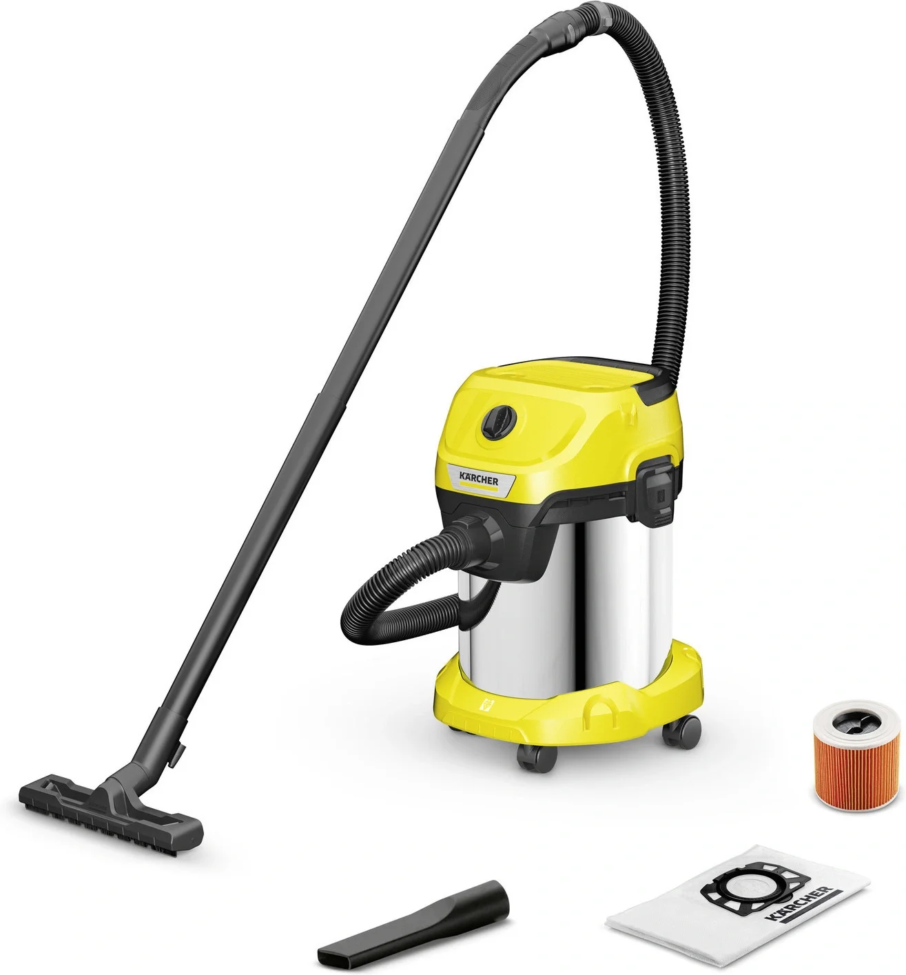 Строительный пылесос Karcher WD 3 S V-17/4/20 желтый, 1000 Вт, уборка сухая/сбор воды, пылесборник мешок/контейнер, 17 л