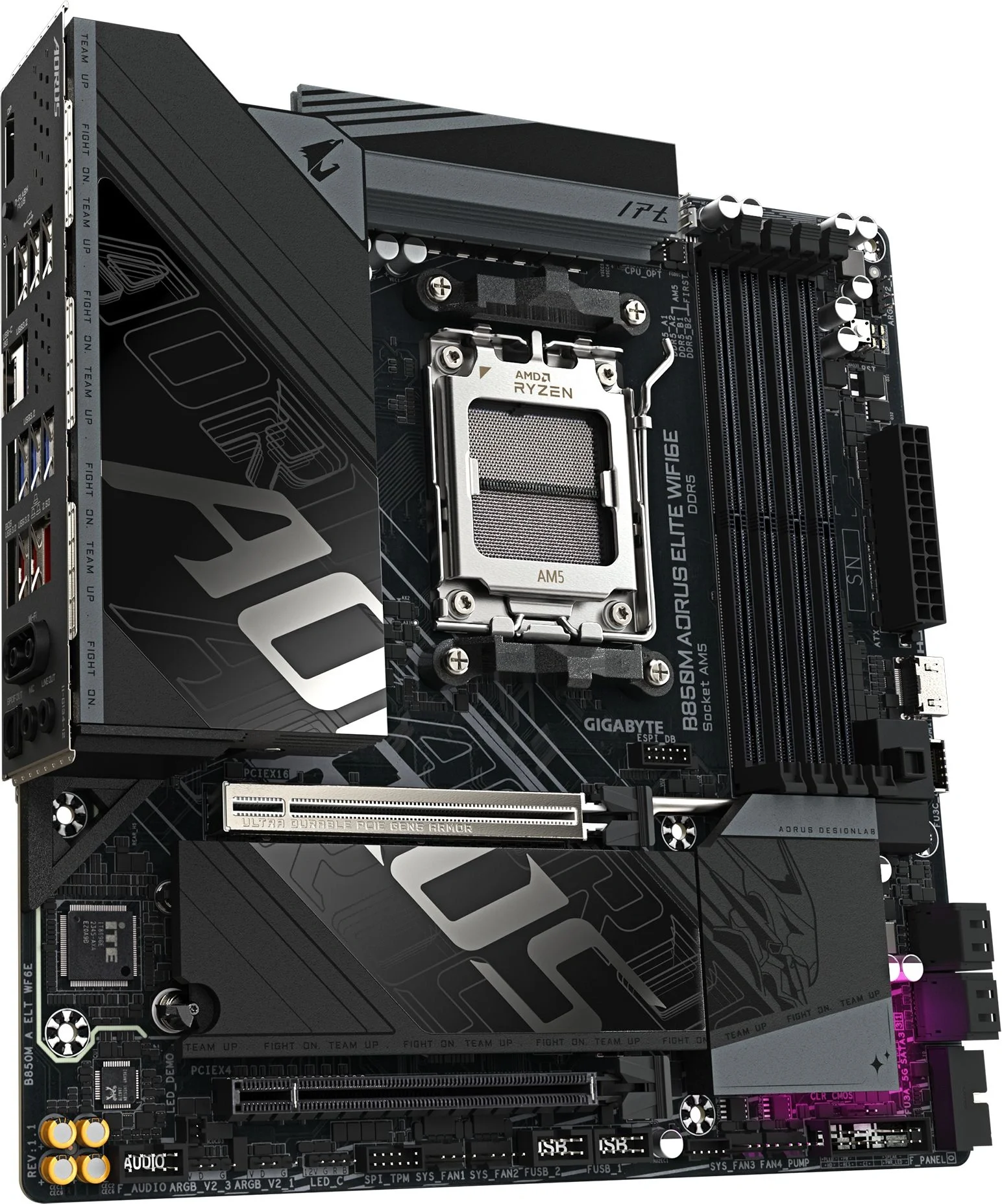 Материнская плата Gigabyte B850M AORUS ELITE WIFI6E, AM5, AMD B850, 4xDDR5, 4xSATA, 2xM.2, 1xPCIe 5.0 x16, 1xPCIe 3.0 x4, 1xDP (v1.4), 1x2.5Gb LAN, Wi-Fi 6E, Bluetooth 5.3, 2xUSB-C 10Gbps, 2xUSB-A 10Gbps, 5xUSB-A 5Gbps, 4xUSB-A 2.0, S/PDIF, 2x3.5 мм, 7.1, mATX