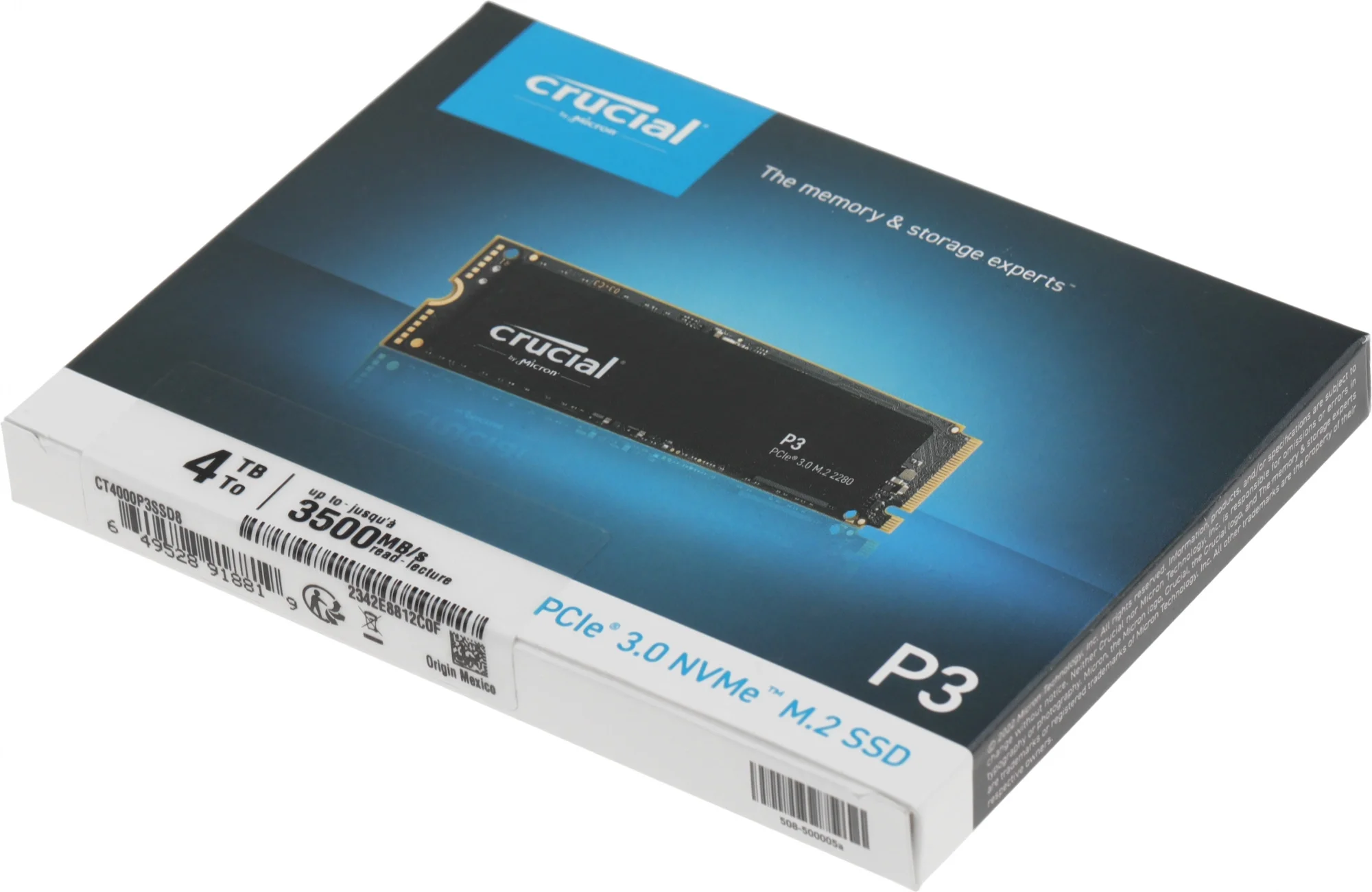 Твердотельный накопитель SSD Crucial P3, 4000GB, M.2(22x80mm), NVMe, PCIe 3.0 x4, QLC, R/W 3500/3000MB/s, TBW 800, DWPD 0