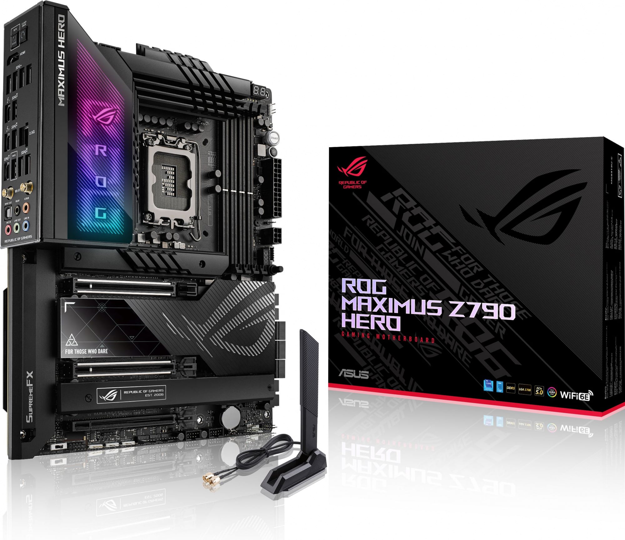 Материнская плата ASUS ROG MAXIMUS Z790 HERO, LGA 1700, Intel Z790, 4xDDR5, 6xSATA, 3xM.2, 1xPCIe 4.0 x4, 1xPCIe 5.0 x8, 1xPCIe 5.0 x16, 1xHDMI, 2xUSB-C 3.2 Gen 2, 1x 2.5Gb LAN, 4xUSB-A 3.2 Gen 1, 5xUSB-A 3.2 Gen 2, 5x3.5 мм, 7.1, Standard-ATX