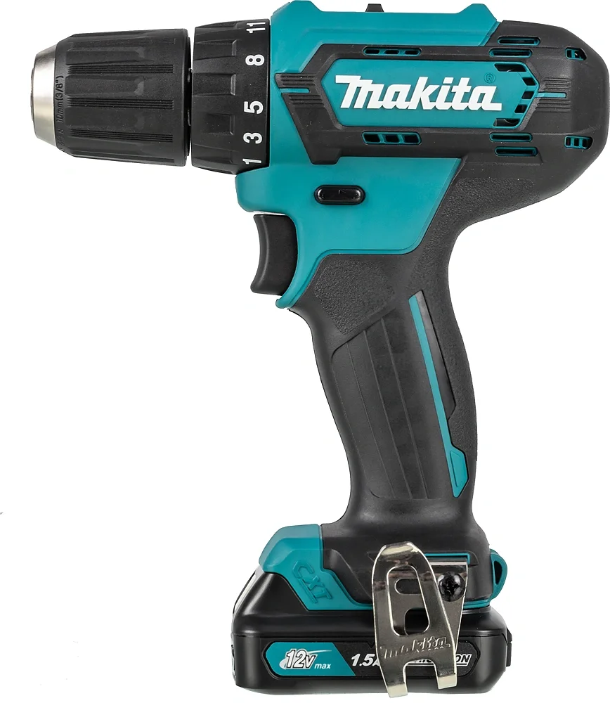 Makita DF333DWYE Дрель ак,{12В,2х1.5Ач Li-ion(слайдер),БЗП-10мм,0-450\1700об\м,30\14Нм,1.1кг,чем,подсв}