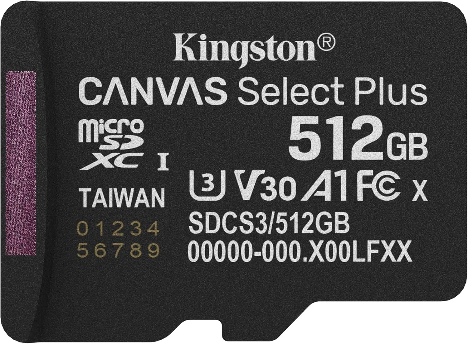 Карта памяти Kingston microSDXC 512GB Canvas Select Plus Memory Card SDCS3/512GBSP UHS-I U3 Class 10/V30/A1, w/o Adapter, 150Mb/s, RTL