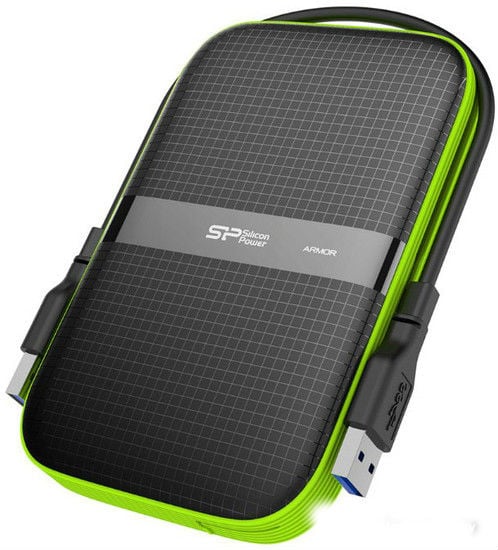 SP010TBPHDA60S3K - Silicon Power Armor - A60 1TB Portable HDD USB 3.2 Gen1 Black/Green, Shockproof MIL-STD 810G Method 516.6 Procedure IV, Water-resistant IPX4, LED light