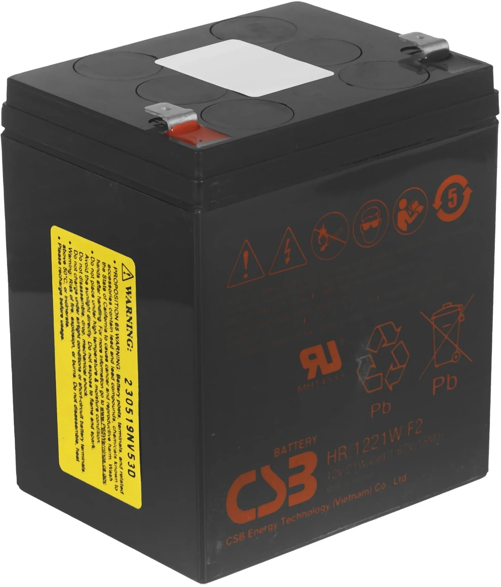 Батарея CSB серия HR, HR1221W F2, напряжение 12В, емкость 5Ач (разряд 20 часов), 21 Вт/Эл при 15-мин. разряде до U кон. - 1.67 В/Эл при 25 °С, макс. ток разряда (5 сек.) 90А, ток короткого замыкания 249А, макс. ток заряда 2.1A, свинцово-кислотная типа AGM,/ Battery CSB series HR, HR1221W F2, voltage 12V, capacity 21 W/C at 15 min. discharge to U fin. - 1.67 V/Cel at 25°C, (discharge 20 hours), max. discharge current (5 sec.) 90A, short circuit current 249A, max. charge current 2.1A, lead-acid ty