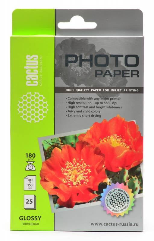 Cactus Фотобумага Cactus CS-GA618025 10x15/180г/м2/25л./белый глянцевое для струйной печати
