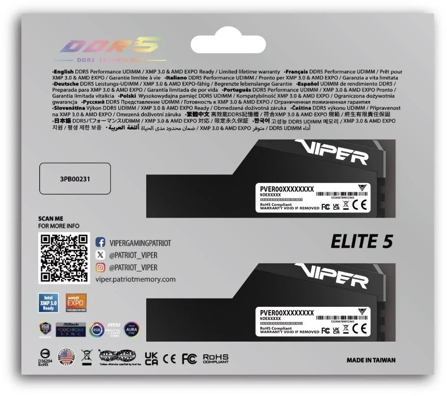Память DDR5 2x32GB 6000MHz Patriot VEUR564G6028K Viper Elite 5 Ultra RGB RTL Gaming PC5-48000 CL28 DIMM UDIMM 288-pin 1.4В kit single rank с радиатором Ret