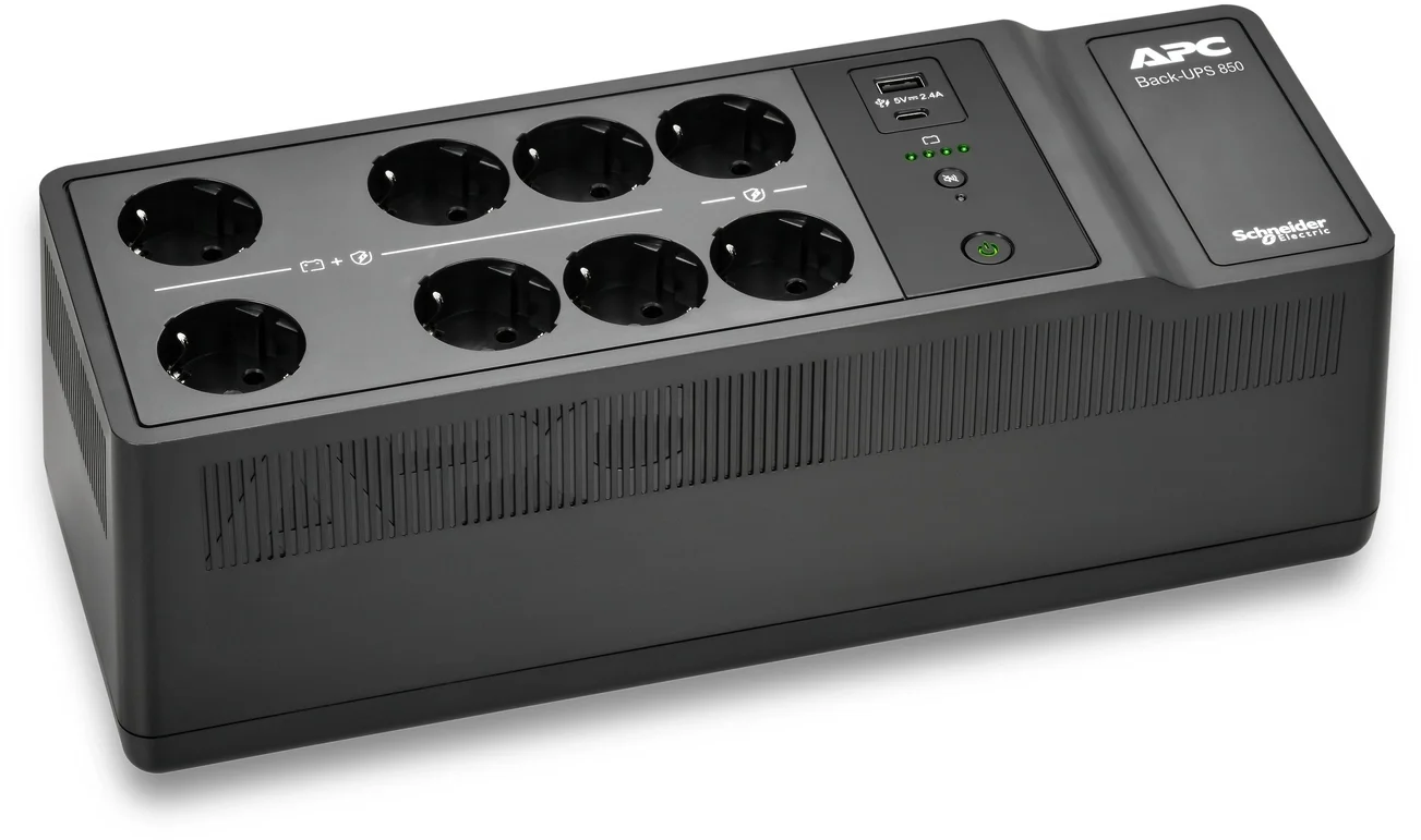 BE850G2-GR - Источник бесперебойного питания, APC, Back-UPS BE850G2-GR, Линейно-интерактивный, Мощность 850ВА/520Вт, Напольный, 230В, Вых: 8x Schuko, USB Type A+C, RBC17, Чёрный