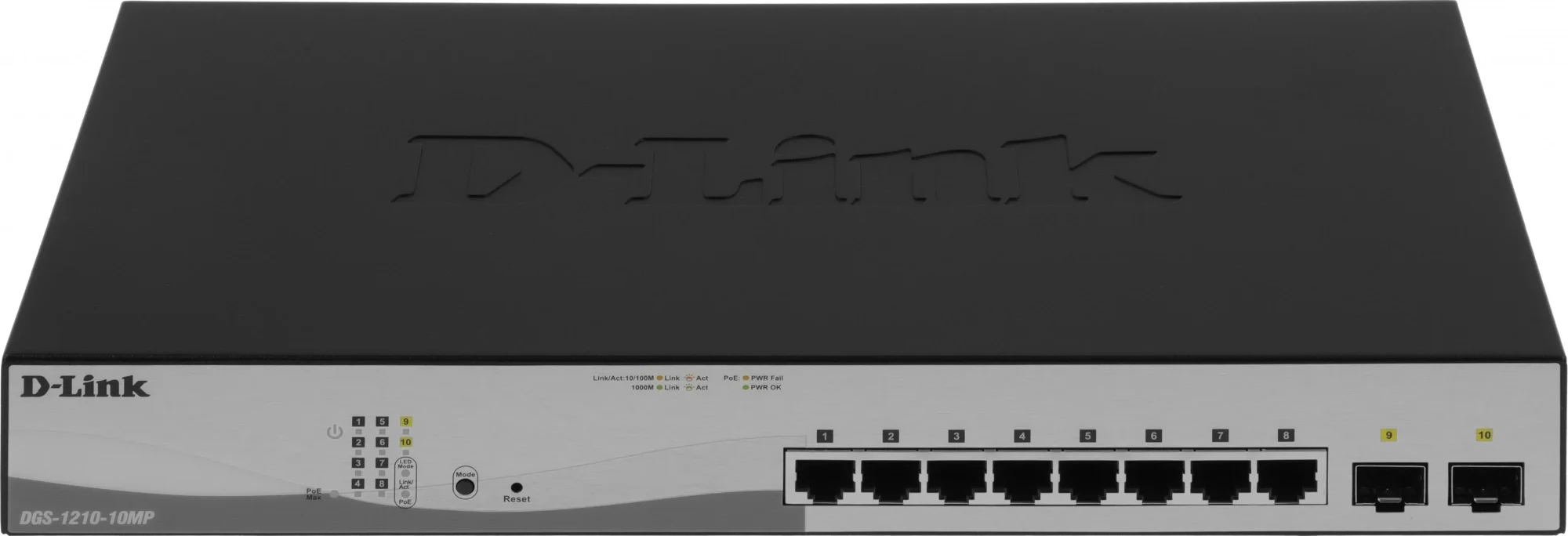 Коммутатор D-Link DGS-1210-10MP/FL2A Управляемый L2 коммутатор с 8 портами 10/100/1000Base-T и 2 портами 1000Base-X SFP (8 портов PoE 802.3af/at, PoE-бюджет 130 Вт)