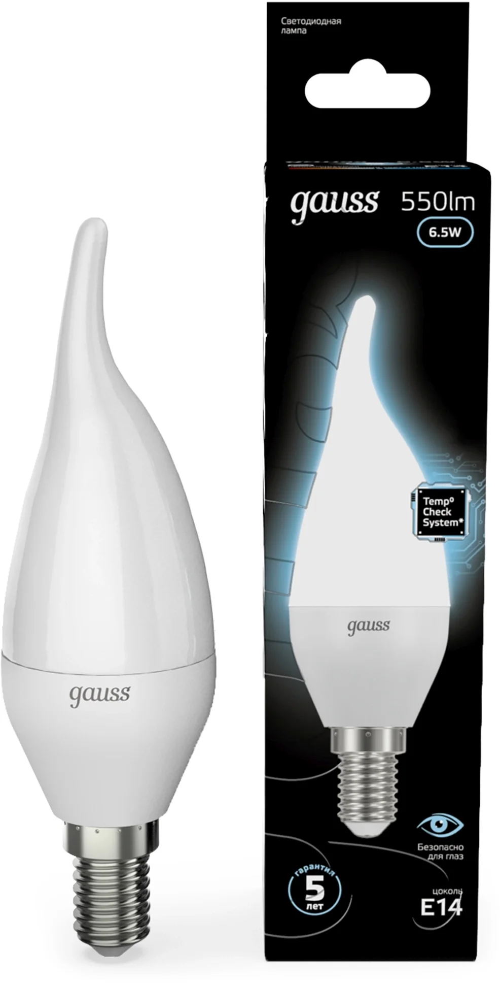Лампа светодиодная Gauss 6.5Вт цок.:E14 свеча 220B 4100K  св.свеч.бел.нейт. (упак.:1шт) (104101207)