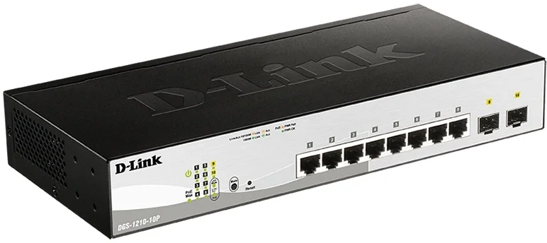 Коммутатор D-Link DGS-1210-10P/FL2A, управляемый L2 PoE, 8×1GbE PoE+2×SFP, 65W