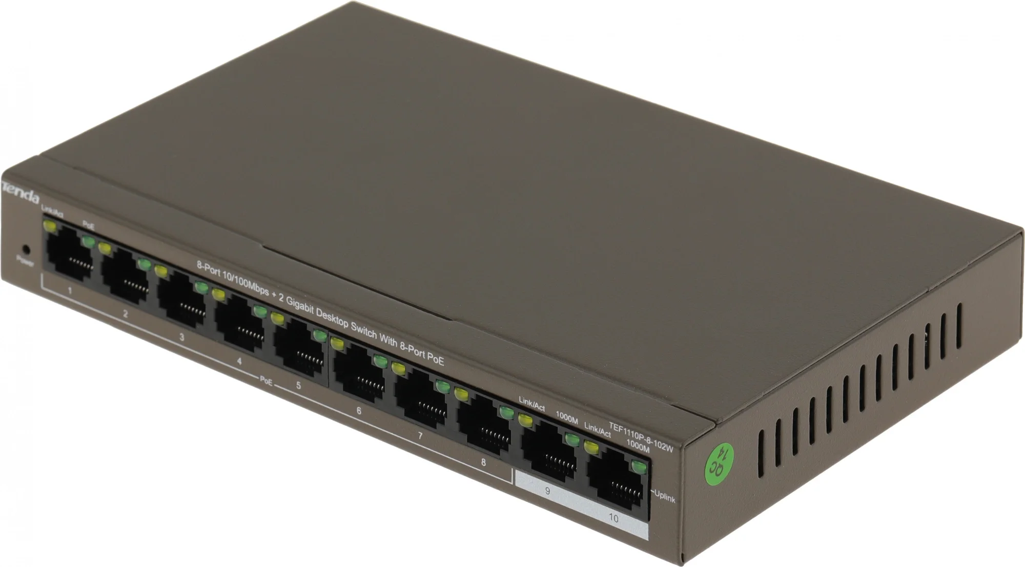 Tenda TEF1110P-8-102W - Коммутатор PoE неуправляемый, 8 портов PoE 10/100 Base-TX + 2 порта 10/100/1000 Base-TX, грозозащита порта 6 кВ, бюджет PoE 99Вт и 30 Вт (на порт)