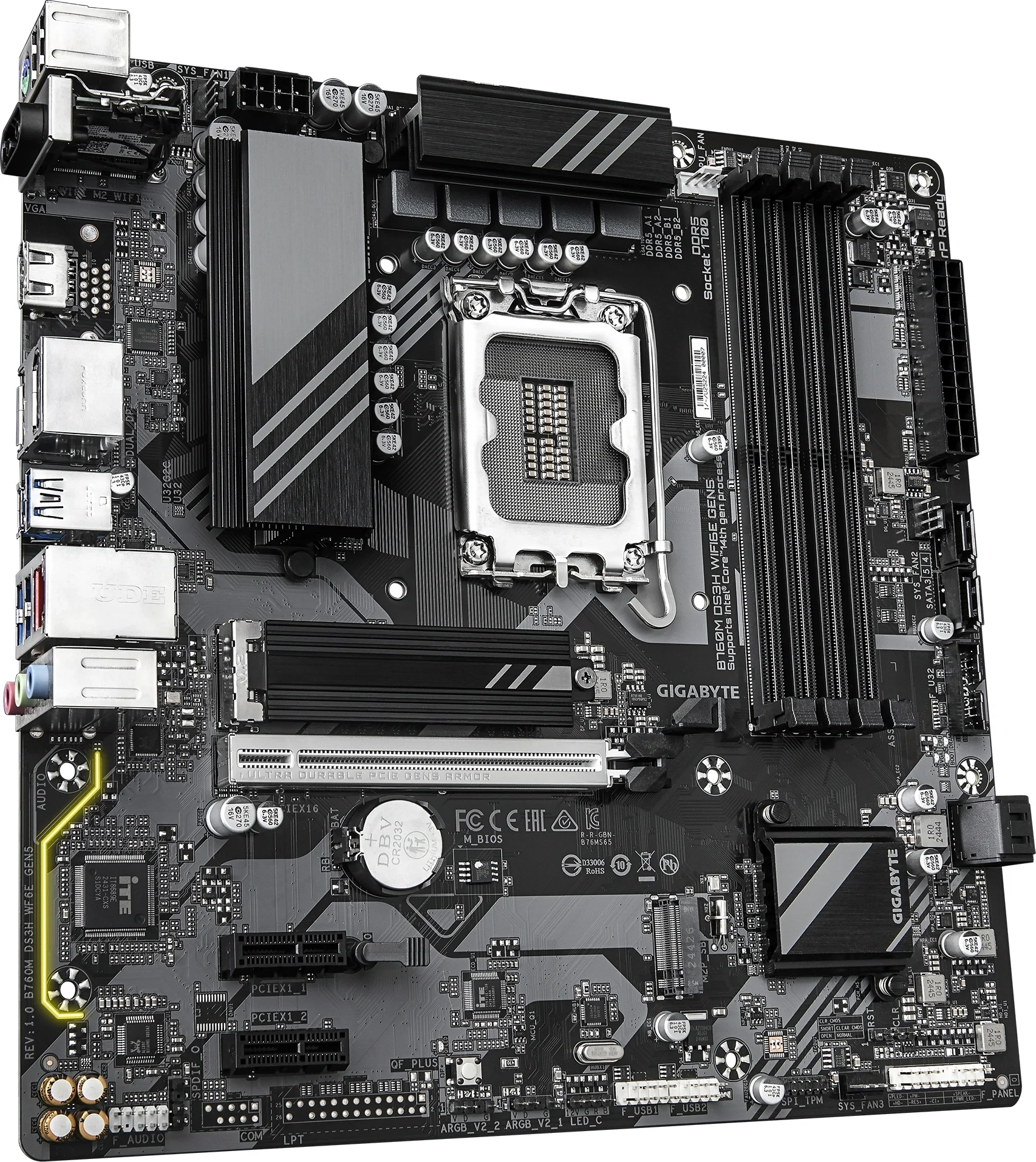 Материнская плата Gigabyte B760M DS3H WIFI6E GEN5, LGA1700, Intel B760, 4xDDR5, 4xSATA, 2xM.2, 1xPCIe 5.0 x16, 2xPCIe 4.0 x1, 1xHDMI, 2xDP, 1x2.5Gb LAN, Wi-Fi 6E, Bluetooth 5.3, 1xUSB-C 10Gbps, 3xUSB-A 5Gbps, 2xUSB-A 2.0, 3x3.5 мм, 7.1, mATX