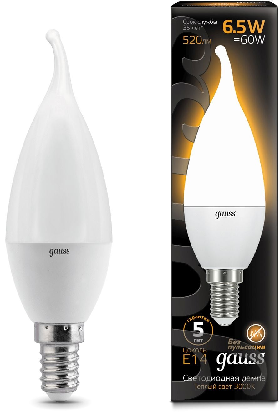 Лампа светодиодная Gauss 6.5Вт цок.:E14 свеча 220B  3000K  св.свеч.бел.теп.  (упак.:10шт) (104101107)