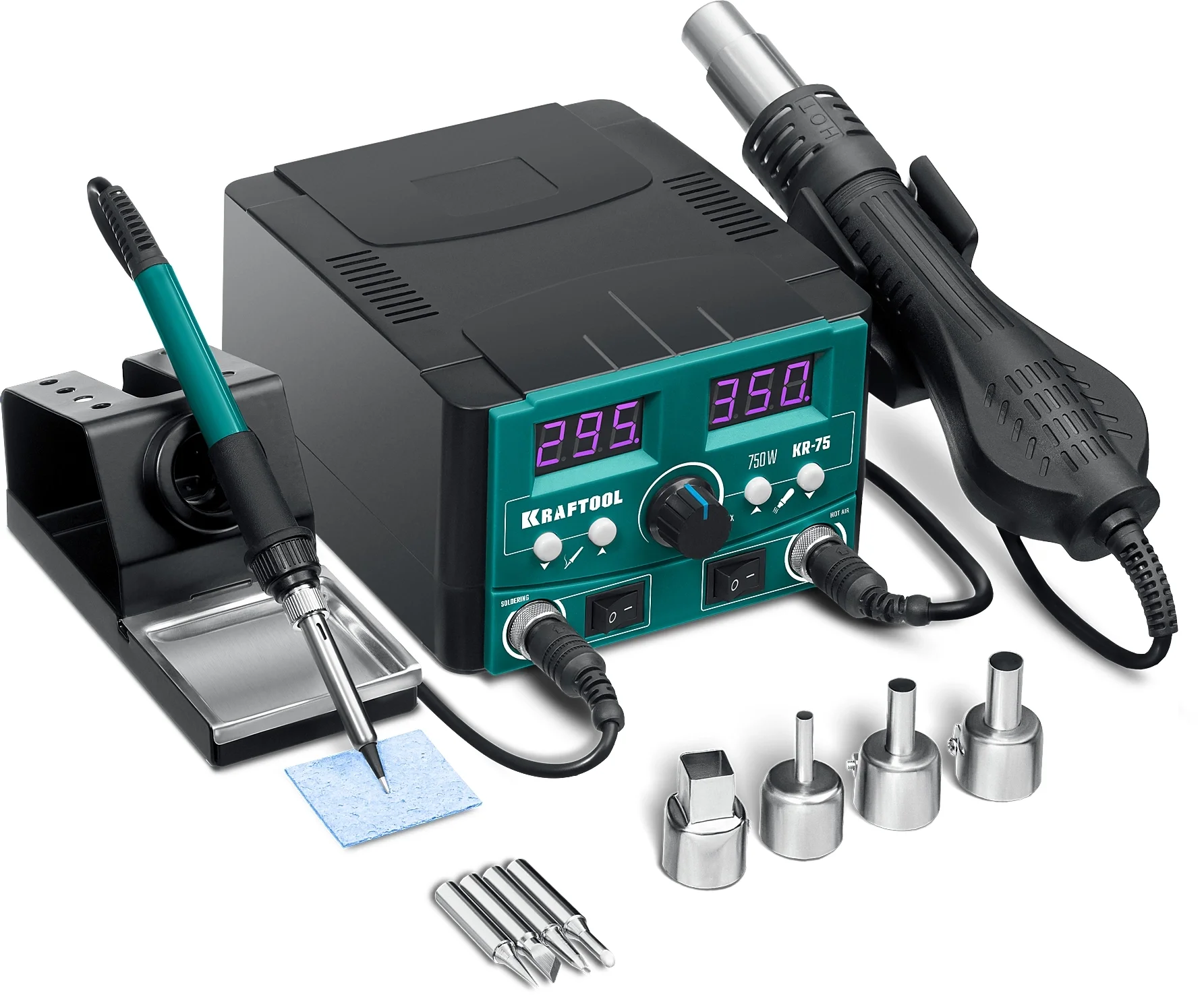 Ремонтная паяльная станция KRAFTOOL KR-75, 2-в-1 100-480°С 750 Вт, (55340)