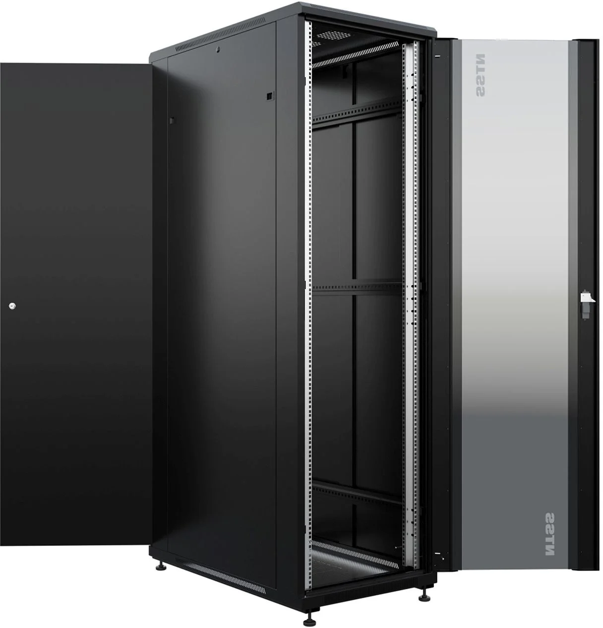 NTSS Шкаф напольный универсальный серверный NTSS R 42U 800х1000мм, 4 профиля 19, двери стекло и сплошная металл, боковые стенки съемные, регулируемые опоры, разобранный, черный RAL 9005 NTSS-R42U80100