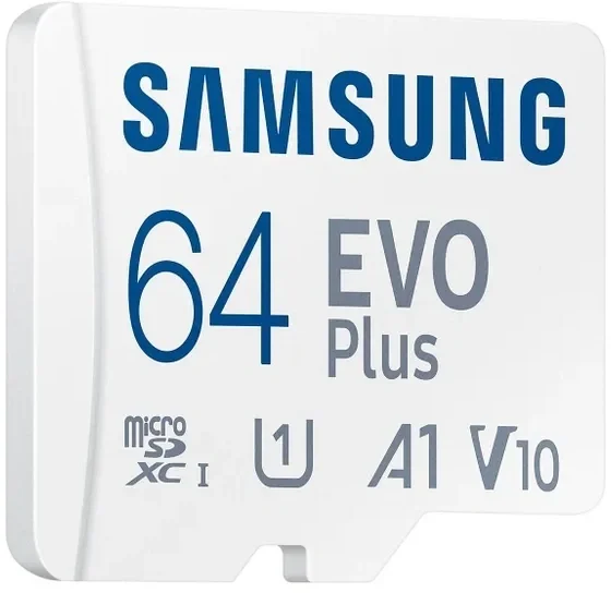 Карта памяти Samsung - EVO Plus, microSDXC, write speed 10Mb/s, read speed 160Mb/s, UHS-I Class 1, V10, A1, Class 10, 64GB, microSD -> SD адаптер, MB-MC64SA