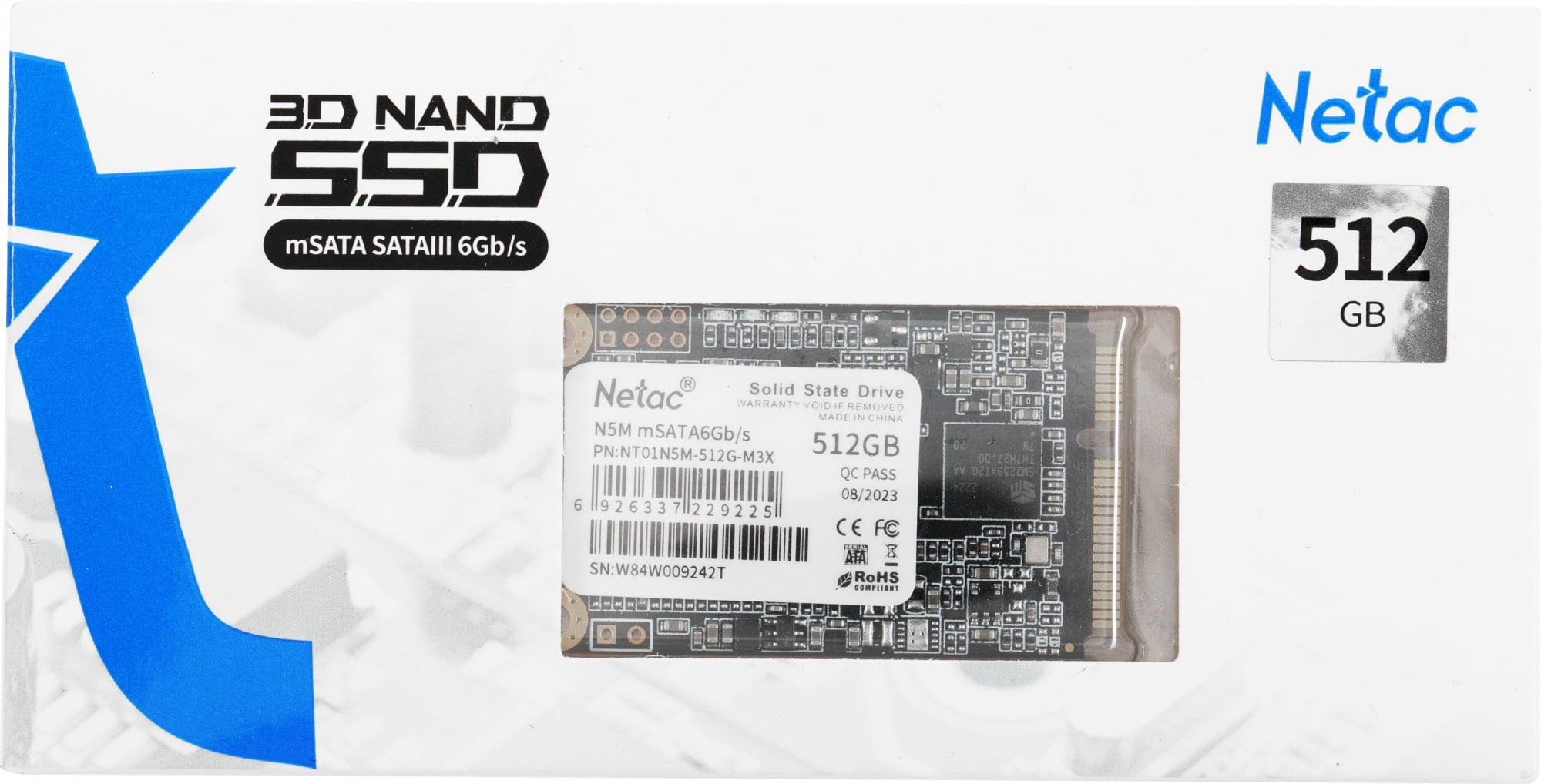 Диск SSD Netac - N5M, для ноутбука, mSATA, 512 ГБ, SATA, 6 Гб/с, speed write-490МБ/с read-540МБ/с, NT01N5M-512G-M3X