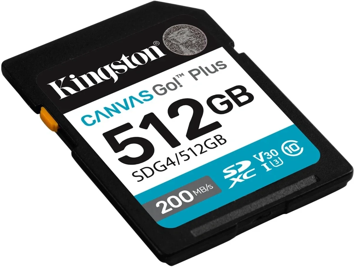 Карта памяти Kingston - Canvas Go! Plus, SDXC, write speed 160Mb/s, read speed 200Mb/s, UHS-I Class 3, V30, Class 10, 512GB, SDG4/512GB