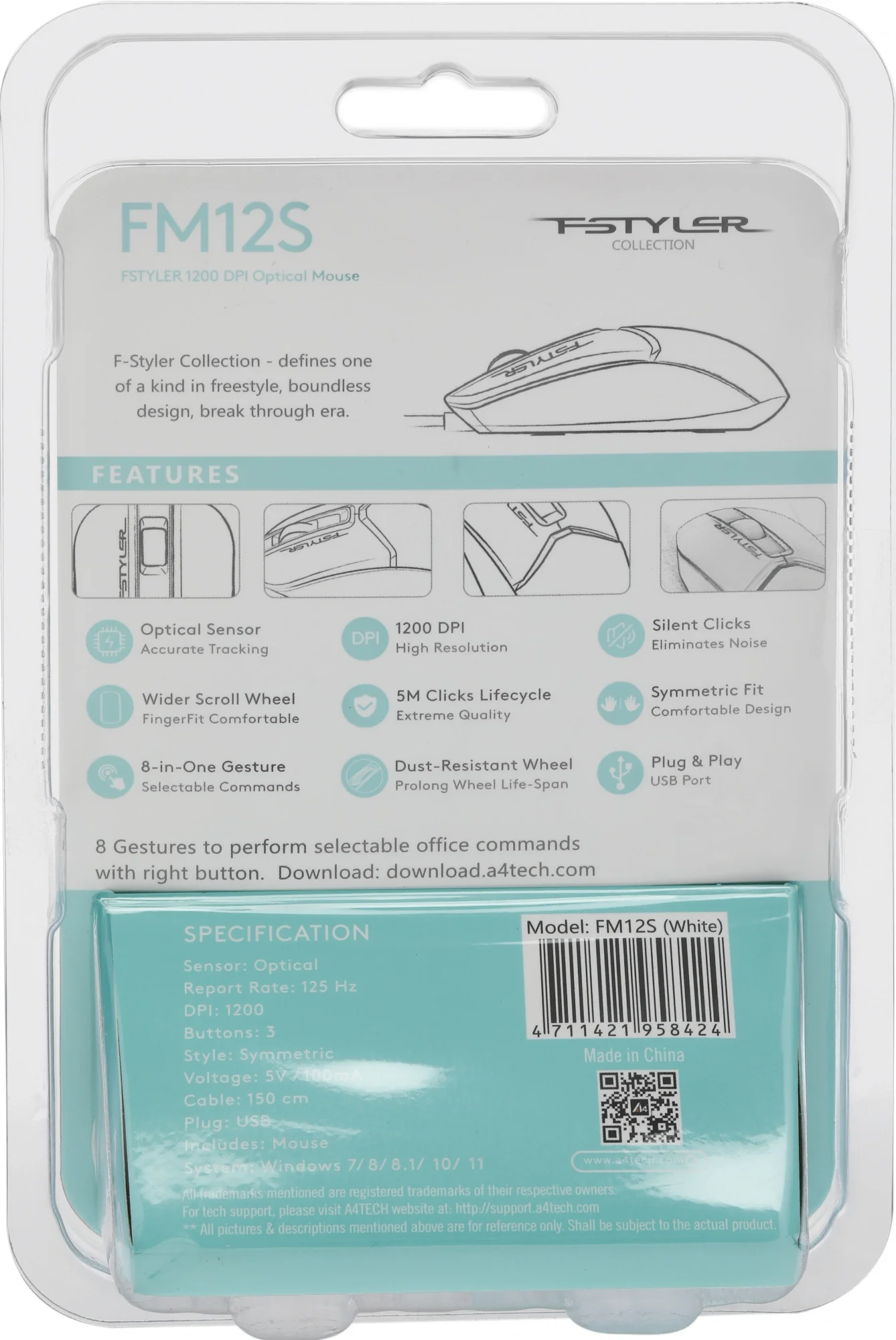 Мышь A4Tech Fstyler FM12S белый оптическая 1200dpi silent USB 3but (FM12S WHITE)