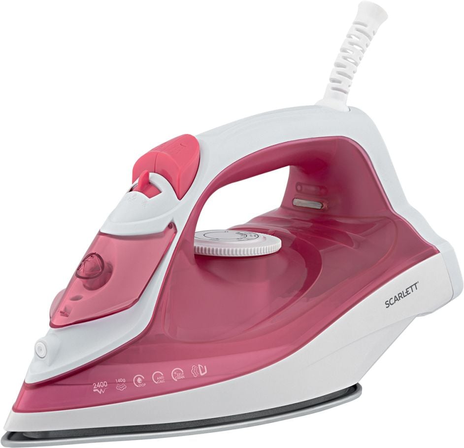 Утюг Scarlett SC-SI30K56 розовый, 2400; Световой индикатор работы: Да; Регулируемый пар до г/мин: 35; Паровой удар до г/мин: 140; Резервуар для воды, мл: 280; Функция разбрызгивания воды: Да; Терморегулятор: Да; Вертикальное отпаривание: Да; Регулировка степени отпаривания: Да; Покрытие подошвы: Керамическая подошва KeramoPro; Самоочистка: Да; Система защиты от накипи ANTI-CALC: Да; Функция автоотключения AUTO-SHUT OFF: Да; Размер утюга Ш*В*Г, мм: 289*120*140; Шарнирное крепление шнура: Да; Длина электрошнура, м: 1.8; Цвет шнура: В цвет корпуса;