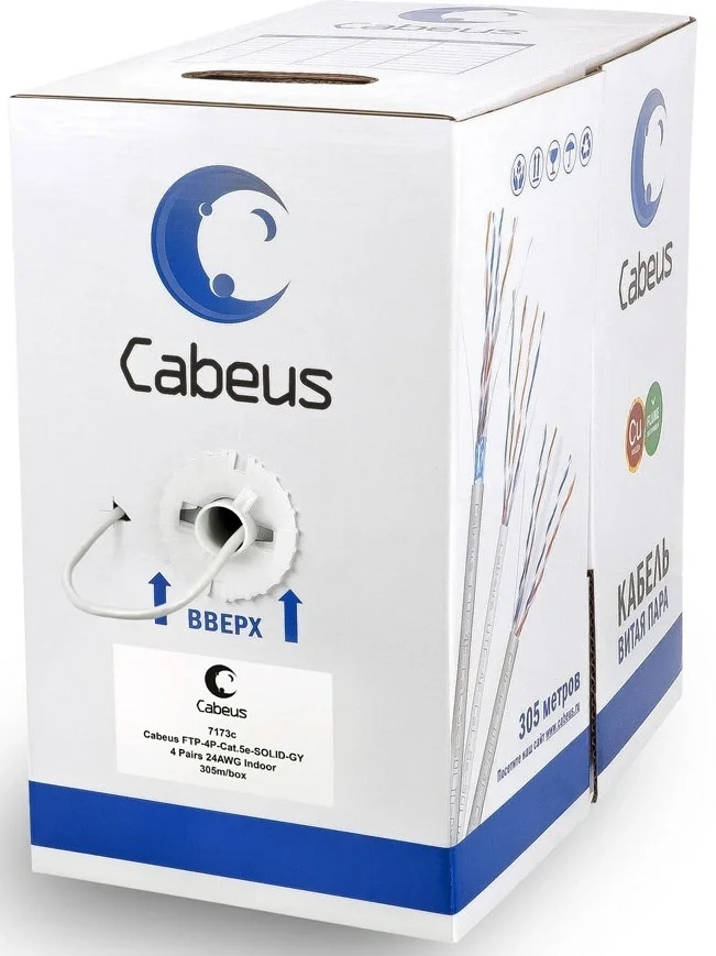 Cabeus FTP-4P-Cat.5e-SOLID-LSZH-GY - Кабель витая пара экранированная FTP (F/UTP), категория 5e, 4 пары (24 AWG), одножильный, серый, экран - фольга, LSZH, нг(А)-HF, (305 м). Четырехпарный кабель категории 5e на основе витой пары предназначен для использования в системах передачи данных со скоростью до 1 Гбит/c. Кабель выполнен в экранированном исполнении F/UTP и предназначен для прокладки внутри зданий.